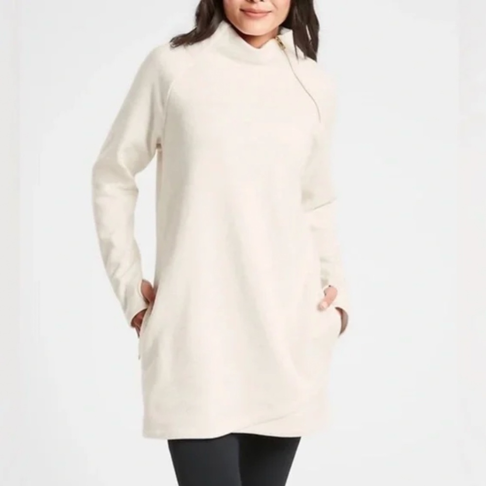 Small Athleta Cozy Karma Asym Sweatshirt Dress in Cream